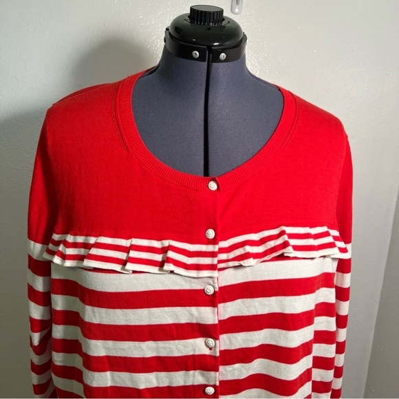 Talbots Charming Cardigan Stripe Ruffle Red White 3XP - Picture 4 of 12